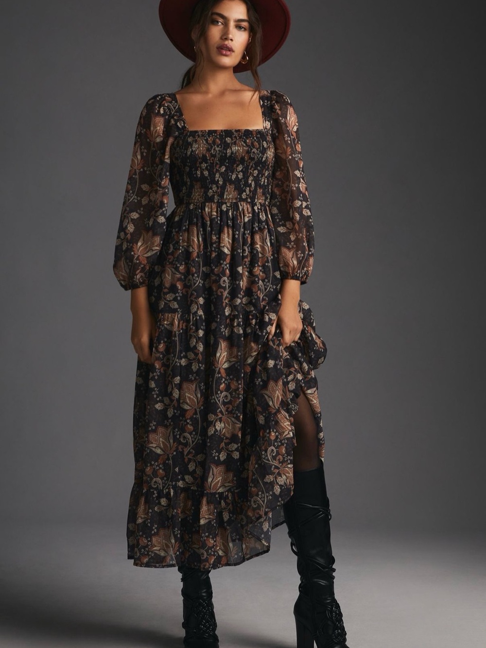 Anthropologie Let Me Be Square-Neck Smocked Maxi Dress